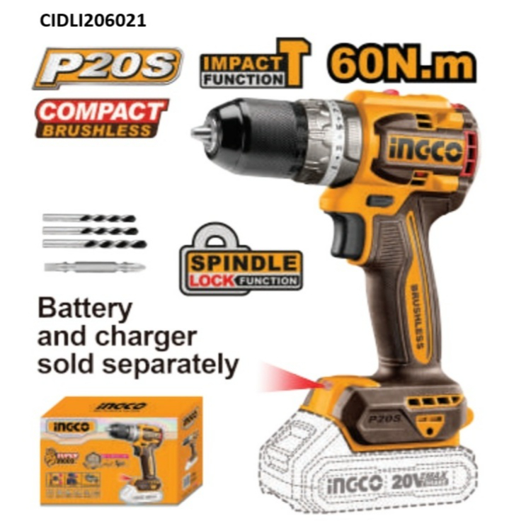 INGCO CIDLI206021 (แทนCIDLI2002) สว่านกระแทกไร้สาย 20 โวลท์ 60N.m BL Motor ขนาด 13มม. ตัวเปล่า