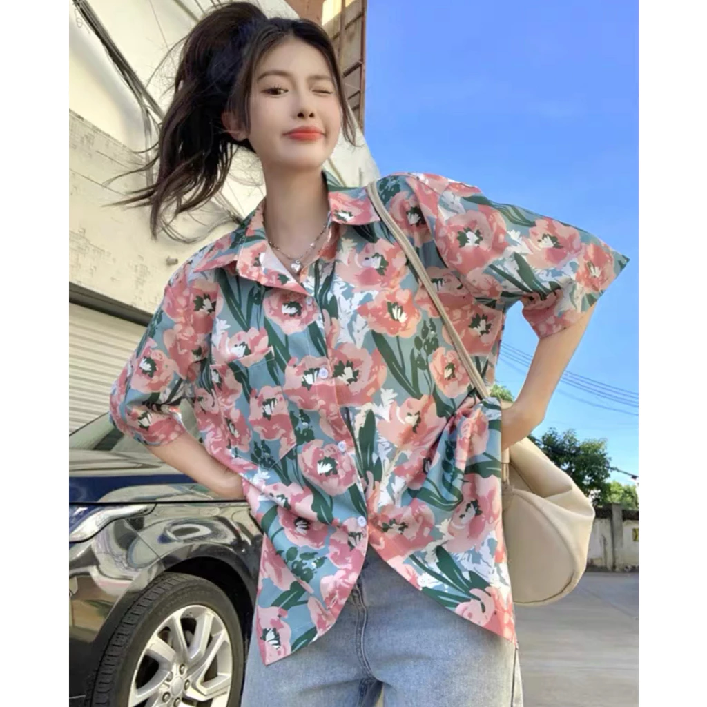 เสื้อสงกรานต์ผู้หญิงลายดอก คอปก แขนสั้น ผ้าไหมอิตาลี 3006 thumbnail 5