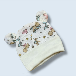 หมวกเด็กแรกเกิด มีหูผ้ามัสลินทอย่น 0-6m ผ้านิ่มระบายอากาศได้…