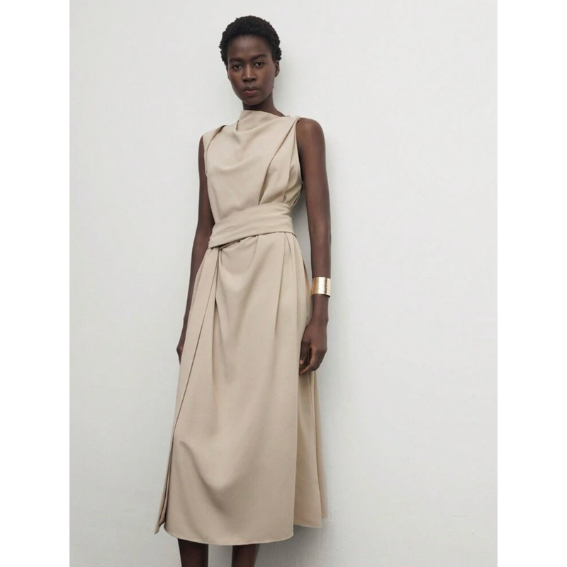 #ว่งต่อ เดรสสีเบจ size xs BizChic Sleeveless Long Belted Casual Dress, Khaki Beige - Casual/Holiday 