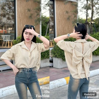 BEIIEW เสื้อเชิ้ตแขนสั้นลายริ้ว ทรงสวยมากๆ ดีเทลมีเว้าด้านหลังแต่งโบว์ใหญ่ เรียบหรู ดูแพงมากๆ ติดกระดุมจริงตามสีเสื้อสวย