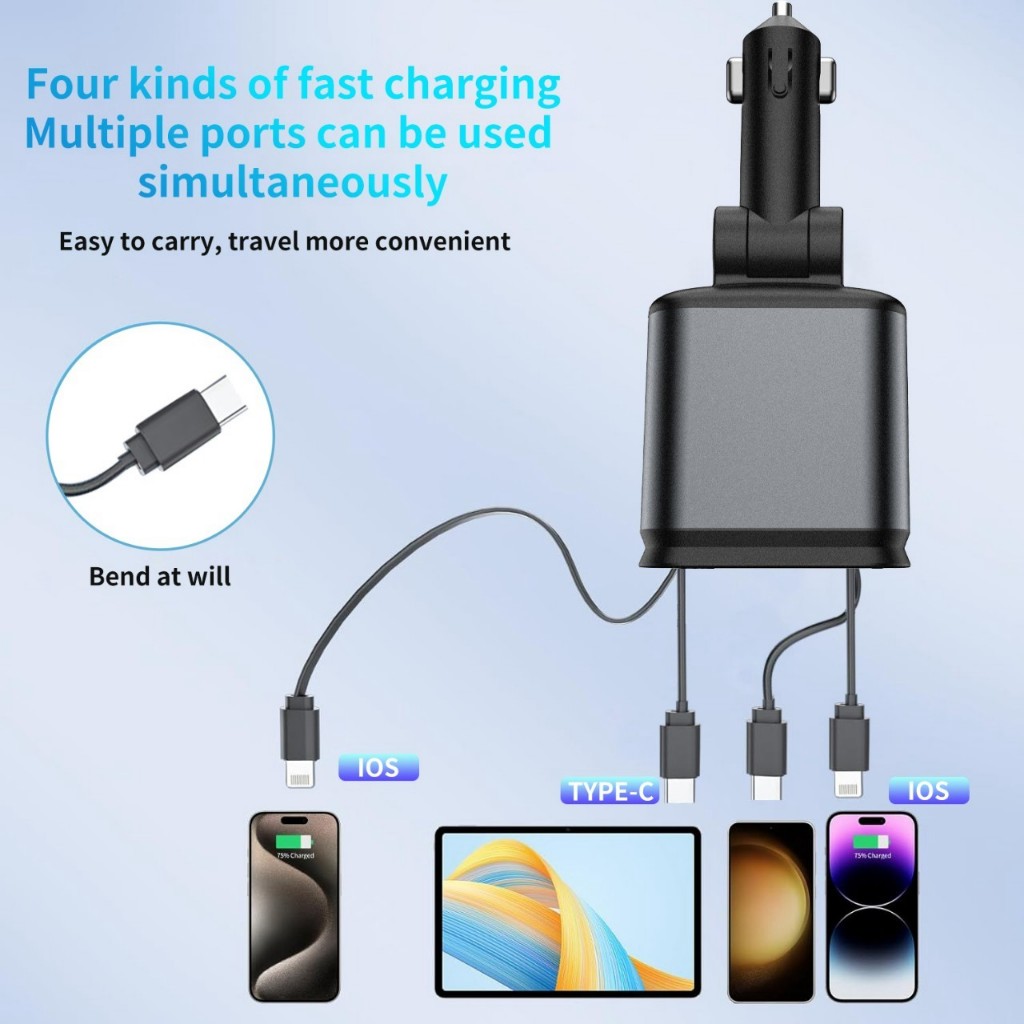 หัวชาร์ท .ในรถยนต์แบบชาร์จเร็วสุด 4 in1 Type-C USB พร้อมไฟสตาร์ไลท์ ชาร์จเร็วสายยืดหดได้ หัวชาร์จในร