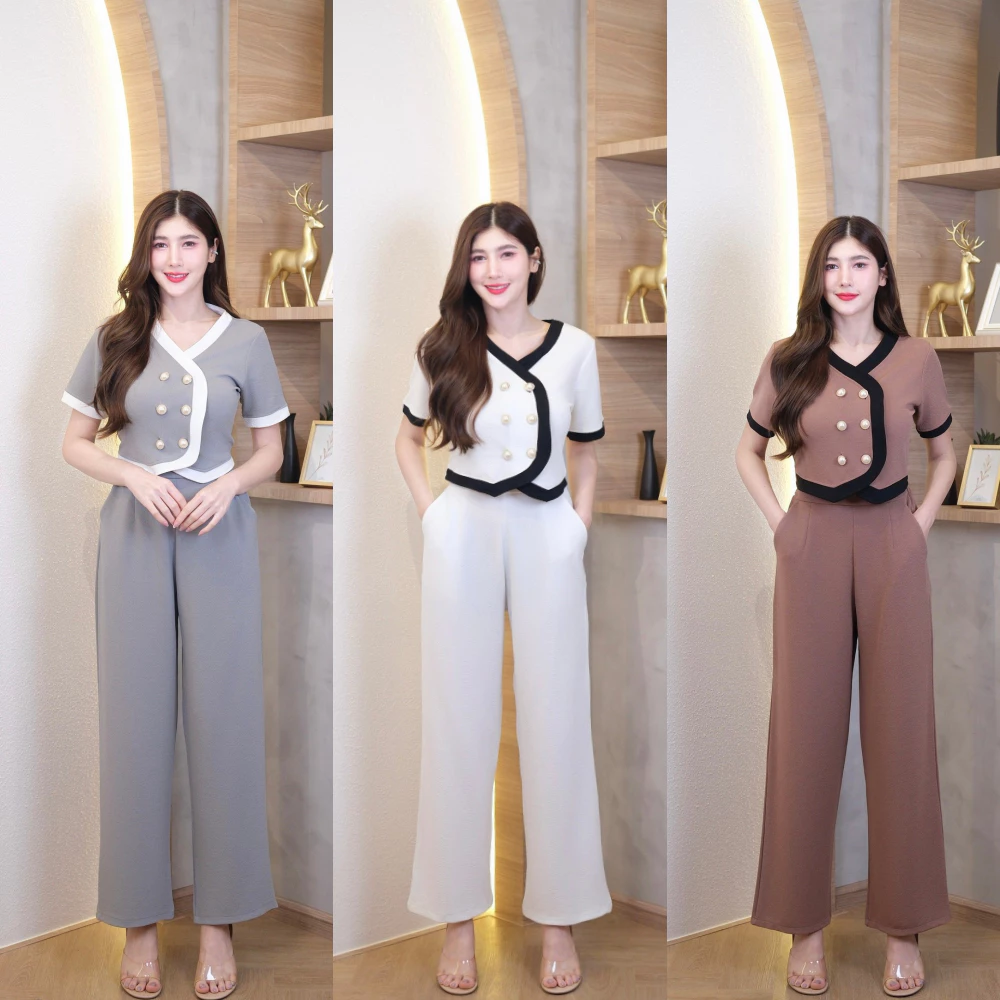 สินค้าพร้อมส่ง ชุดเซตยาวทรูโทนผ้าวูลเวฟ เสื้อทรงสูทกระดุมมุกหน้า+กางเกงเอวเรียบสม็อคหลังมีกระเป๋า A5980