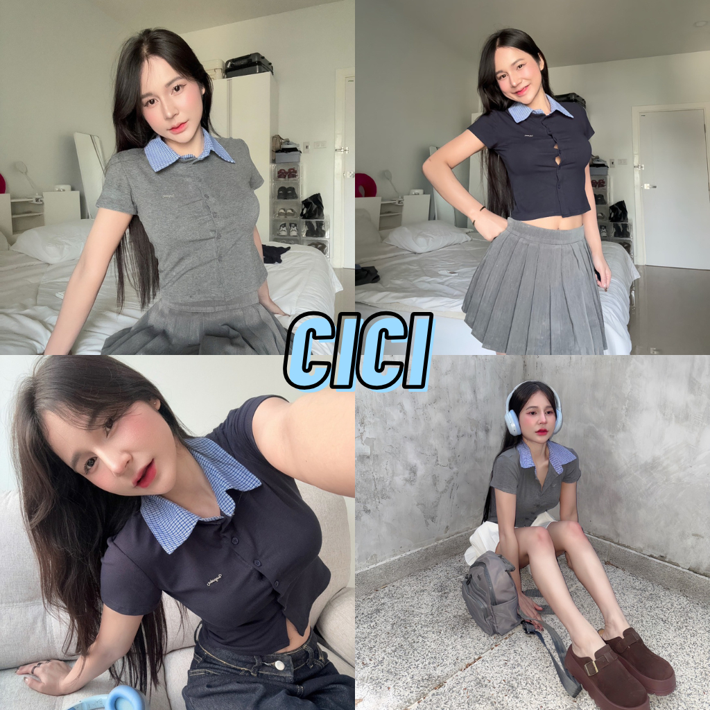 ส่งทันที Cici(NO. Y6210) เสื้อคอปกกระดุมสามารถใช้งานได้จริงผ้าเรย่อนอักษรปักเหล็ก เข้ารูปสไตล์เกาหลีสุดฮอต