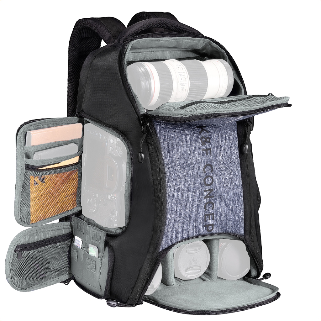 K&F CONCEPT กระเป๋าเป้สะพายหลังถ่ายภาพ Function กันน้ำ ซิปข้าง ช่องแล็ปท็อป Large Capacity Backpack