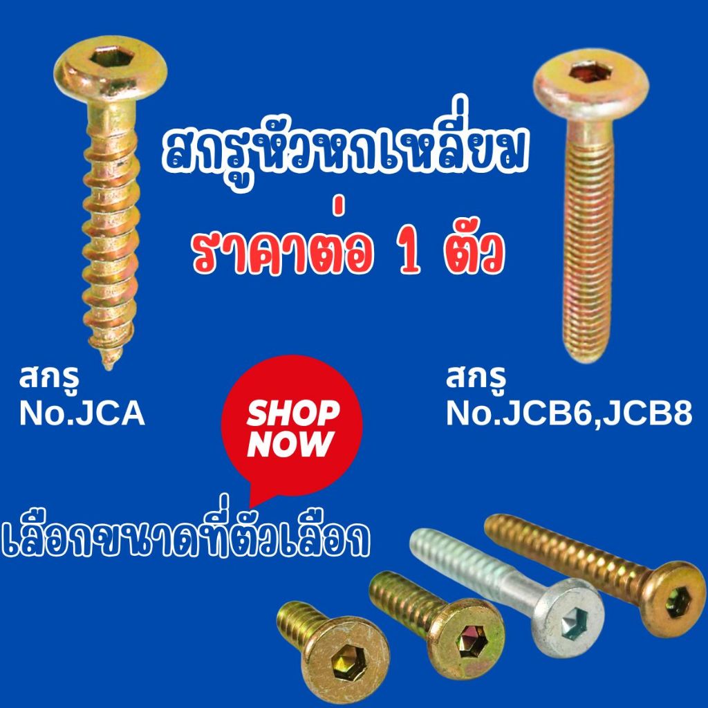 สกรู หัวหกเหลี่ยม 1/4" ขนาด25,30,45,50มม สีรุ้ง ซิ้งค์ขาว หัวแบน หัวจม เกลียวไม้ เกลียวปล่อย หยาบ ฟอร์นิเจอร์ JCA JCB FT