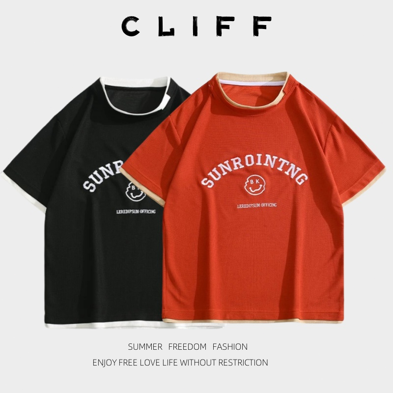 CLIFF แขนสั้นฤดูร้อน วาฟเฟิลด์ ปลอมสองชิ้น แบรนด์แฟชั่นสไตล์อเมริกัน หลวมใส่สบาย ใส่ได้ทั้งชายและหญิง