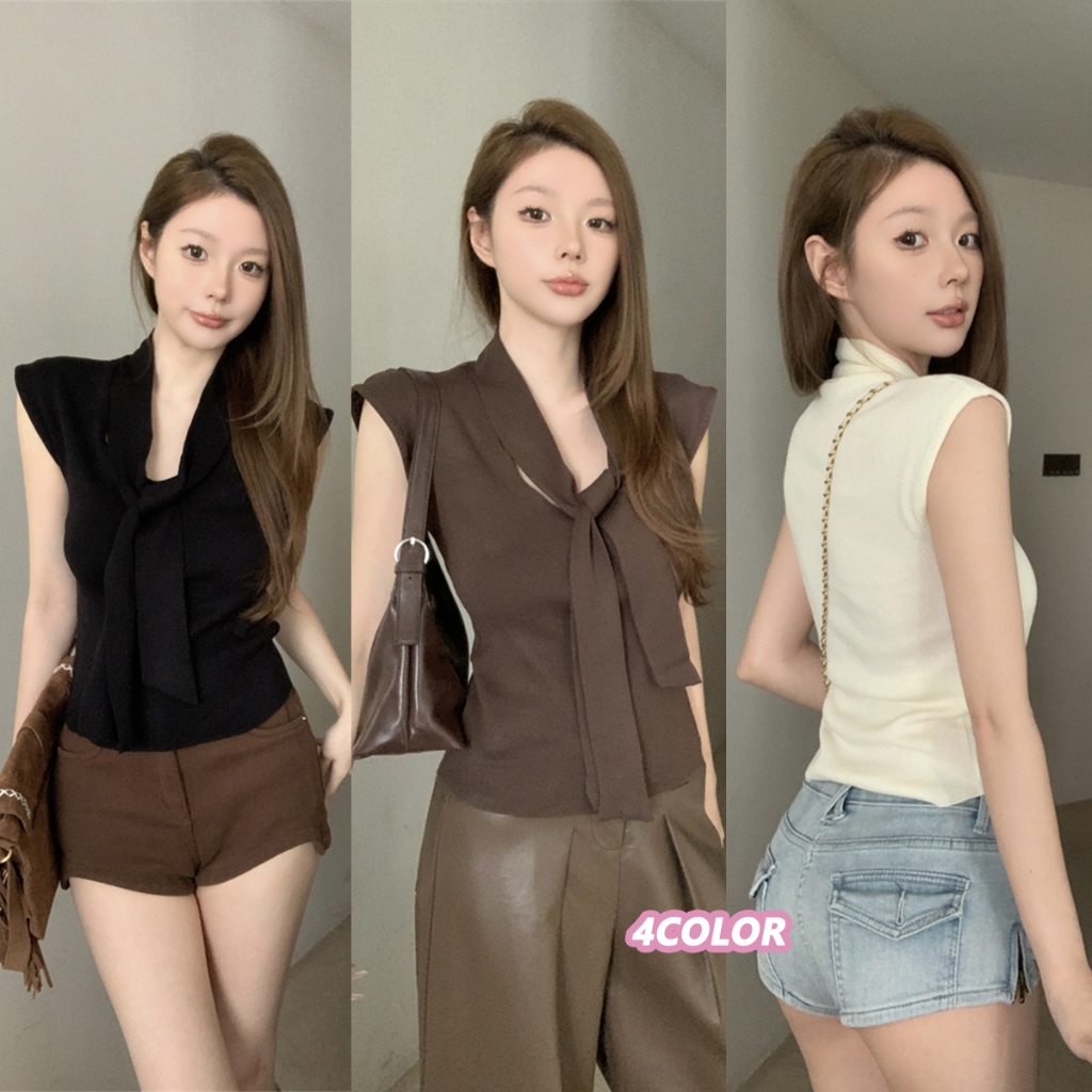 👚Anna👚 เสื้อกล้ามคอวีแขนกุดสีส้ม ถักด้วยดีเทลผูกเชือก เสื้อผ้าแฟชั่นสวยๆ Chic Tops สวมใส่สบาย D624