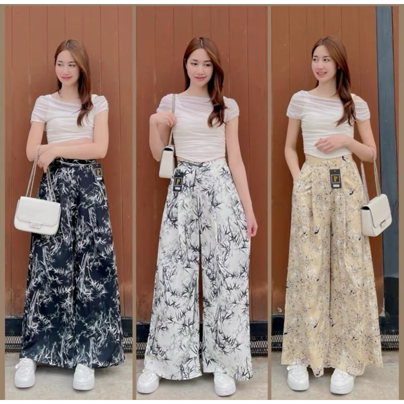 P985L กางเกงผ้าใหม่อิตาลี ขากระบอกใหญ่ รุ่นใหม่ กระเป๋าสองข้างผ้านุ่มไล่สบาย Pants Women Clothing ผู้หญิง เสื้อผ้า