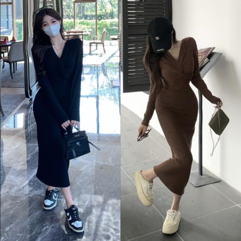 เดรสดำ เดรสแขนยาวคอวี ทรงเอ ผ่าหลัง ดีเทลผ้าสอดไขว้ด้านหน้า Dress พรางหุ่น ชุดออกงาน หรูหรา #9200
