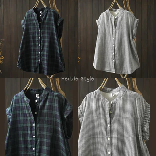เสื้อคอจีนแขนสั้น - พับแขน เสื้อสไตล์ญี่ปุ่น มูจิ มินิมอล ผ้าสาลู 2 ชั้น by Herbiestyle