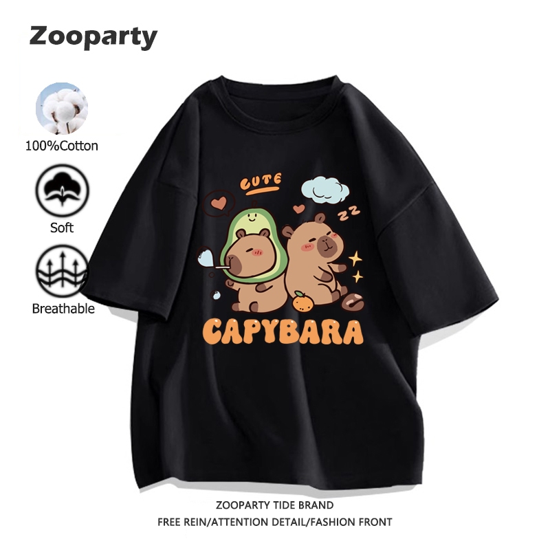 Capybara เสื้อยืด ผ้าฝ้ายแท้ ระบายอากาศได้ ลายพิมพ์การ์ตูนน่ารัก คอกลม เสื้อยืดแขนสั้น ใส่ได้ทั้งชายและหญิง มี 9 สี
