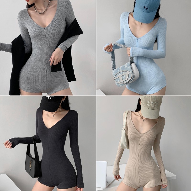 บอดี้สูท จั้มสูท  แขนยาวมีซิปด้านหน้า รัดรูป  เนื้อผ้ากระชับยืดหยุ่น เก็บทรง ดีไซน์สวยงาม #2423