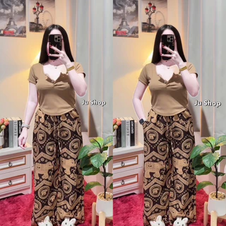 ชุดเซ็ต2ชิ้น เซ็ตช้างขายาว เสื้อครอปพอดีตัวกางเกงขายาวลายช้าง ผู้หญิง