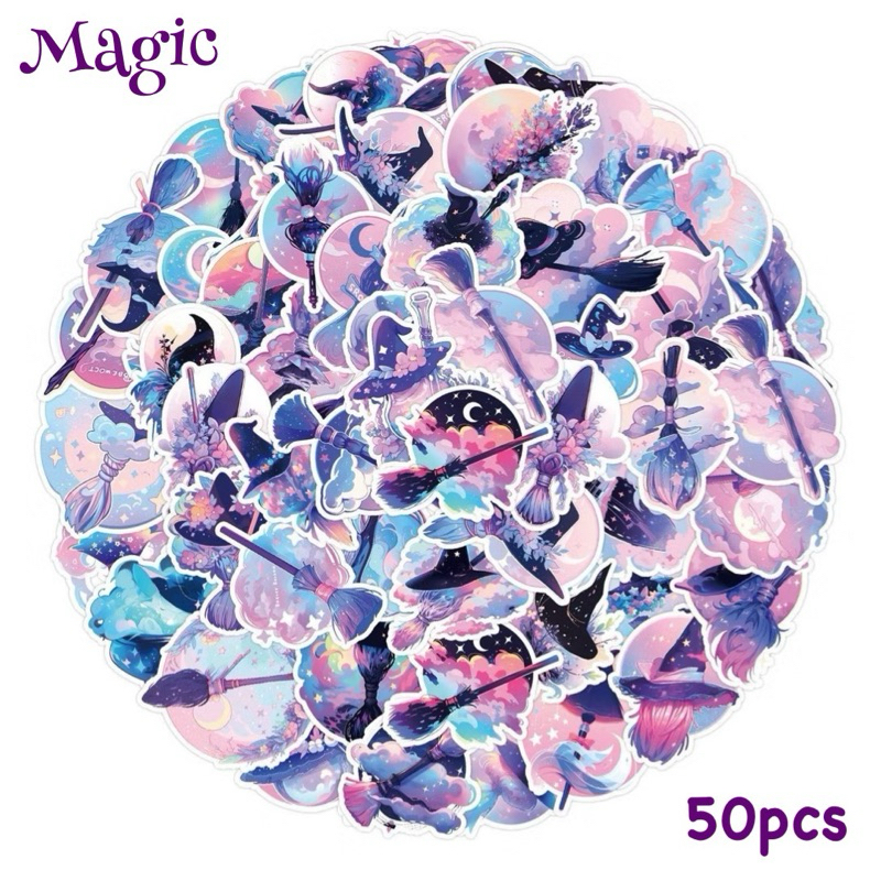 สติ๊กเกอร์ magic 107 เวทมนต์ 50 ชิ้น ไม้กวาด หมวก ผ้าคลุม พ่อมด แม่มด ไม้กายสิทธิ์ แว่นตา ตกแต่ง กระเป๋า ฮาโลวีน