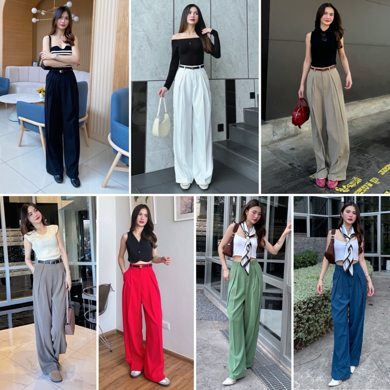 กางเกงขากระบอกใหญ่เอวสูงจีบแตกทวิสซ้อนผ้าทิ้งตัวยับยาก