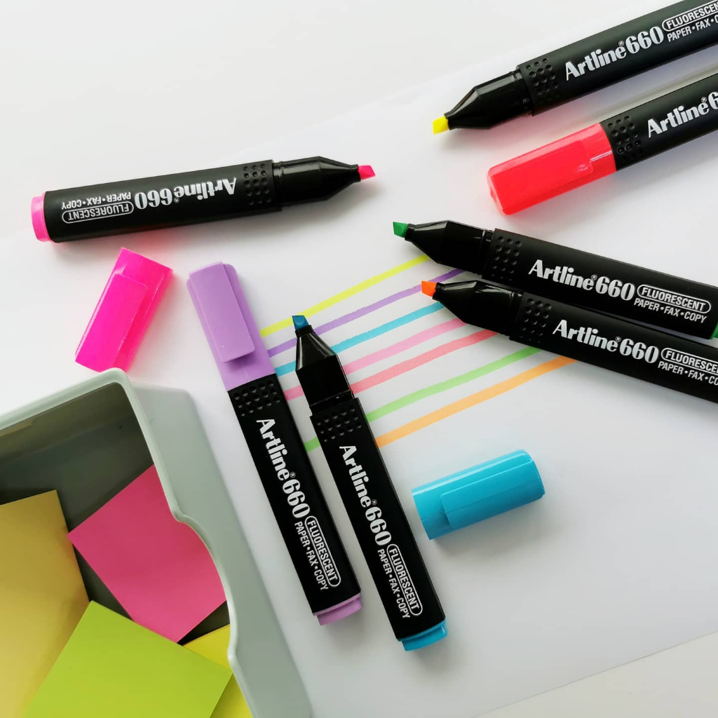 Artline ปากกาไฮไลท์ ชุด 4ด้าม , ชุด 7ด้าม (สีเหลือง, ส้ม, ชมพู,  เขียว, ฟ้า, แดง, ม่วง) เน้นข้อความ หัวแข็งแรง