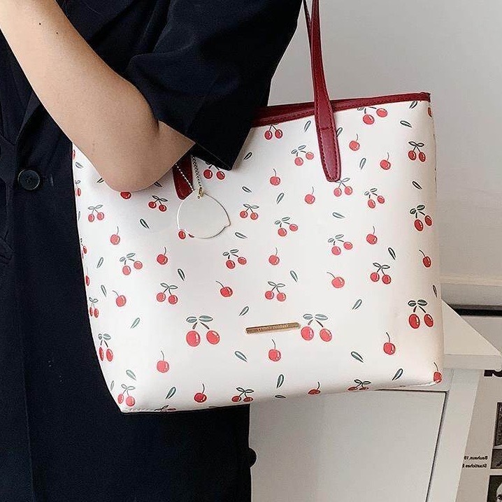 กระเป๋าโท้ทขนาดใหญ่กระเป๋าสะพายไหล่กระเป๋าผู้หญิงกระเป๋าโท้ทเชอร์รี่ฤดูร้อนอินพร็อพกระเป๋าช้อปปิ้ง
