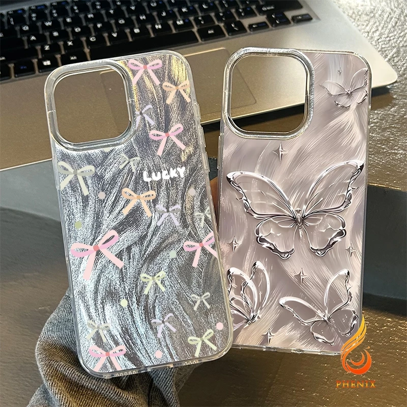 เคสไอโฟน 11 13 เคส Feather Laser Bow Case For iPhone 11 12 13 14 15 Pro X XR XS MAX 7 8 Plus 17 เคสโทรศัพท์ เคสไอโฟนสวยๆ