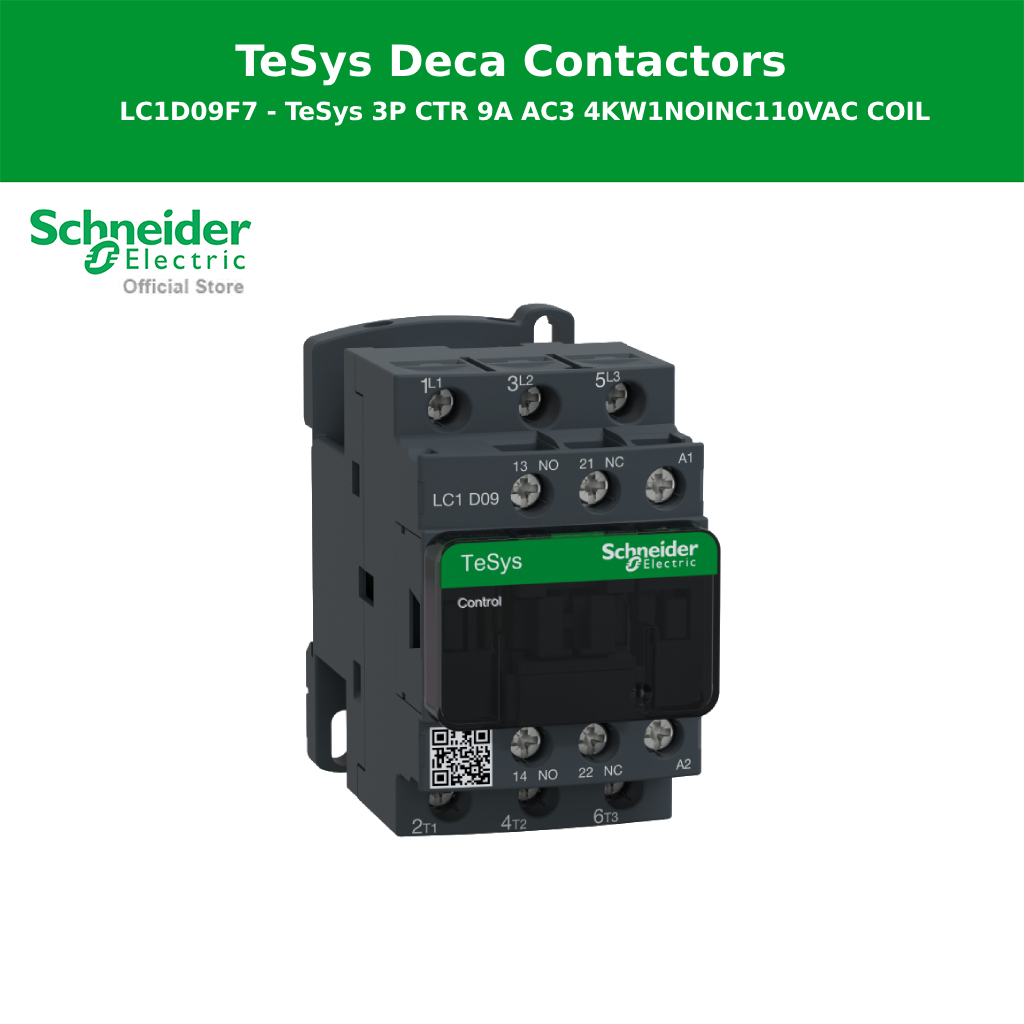 Schneider Electric Contactor, รุ่น Tesys Deca, 3P(3 NO), AC-3/AC-3e, 0 to 440V, 9A, 110VAC 50/60Hz c