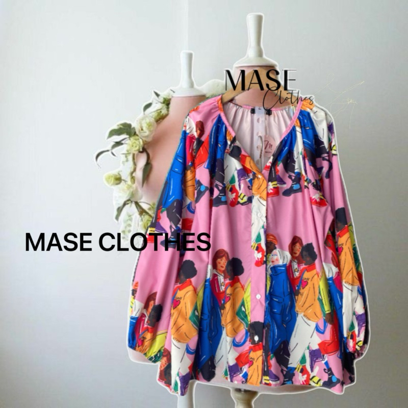 เสื้อเชิ๊ตฮาวาย พร้อมส่ง  💕แขนยาว ผ้าพิมพ์ลาย oversize กระดุมแรงเม็ด ปลายแขนพอง ดึงยาง งานสวยงาม อก 54” ยาว 28”