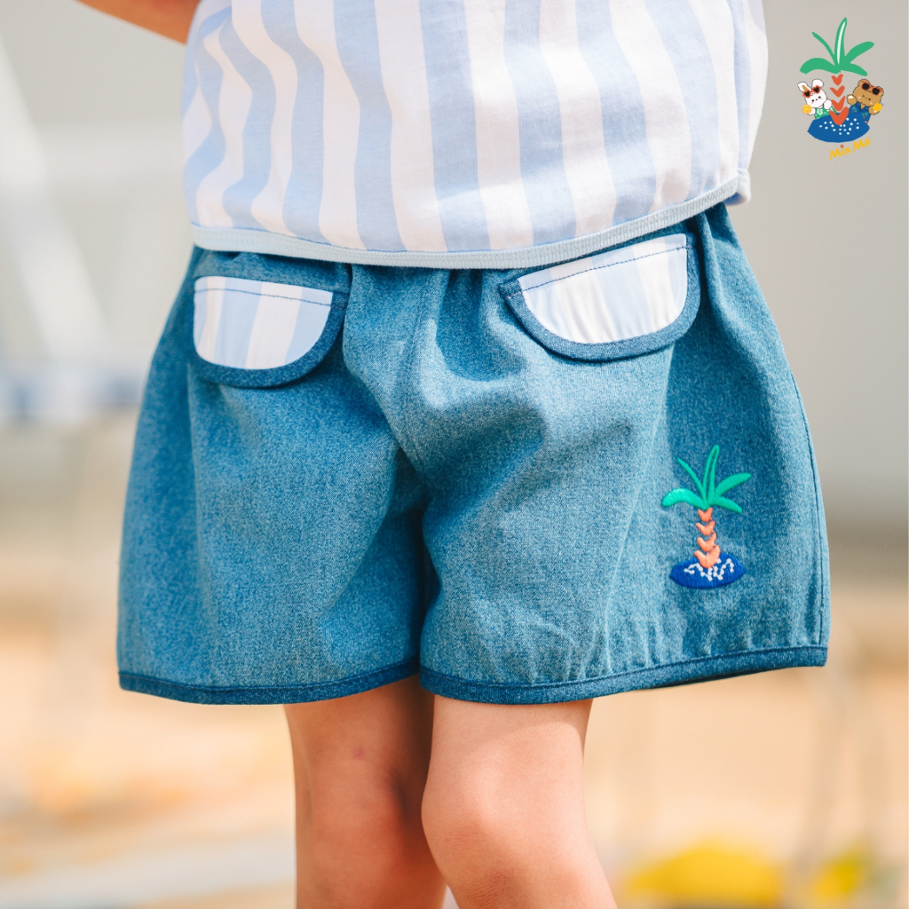 Mix Me กางเกงยีนส์ ขาสั้น ไม่มีลาย แต่งกระเป๋าหน้าผ้า เดนิม บางเบา นิ่ม เด็กหญิง อายุ 1-7 ปี เสื้อผ้าเด็ก รุ่น 500385