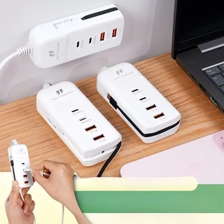 รางปลั๊กไฟ USB มัลติฟังก์ชั่น 66W ชาร์จเร็ว 4 พอร์ต Type-C + USB-C 5.1A PD ปลั๊ก 2 ช่อง ตัวแยกฮับ