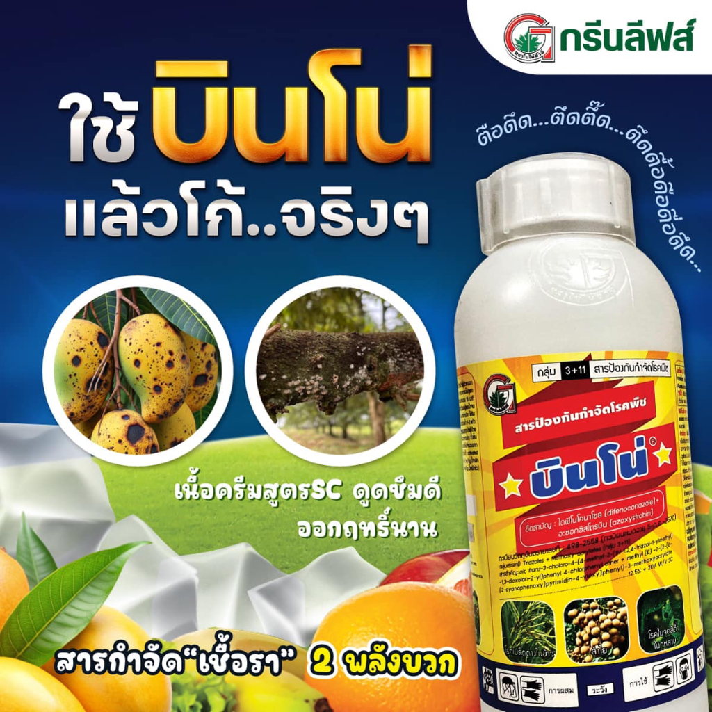 บินโน่ 100มล. ป้องกันกำจัด เชื้อรา 2พลังบวก ไดฟิโคนาโซล อะซอกซีสโตรบิน ใบไหม้ ใบจุด ราสนิม แอนแรคโนส