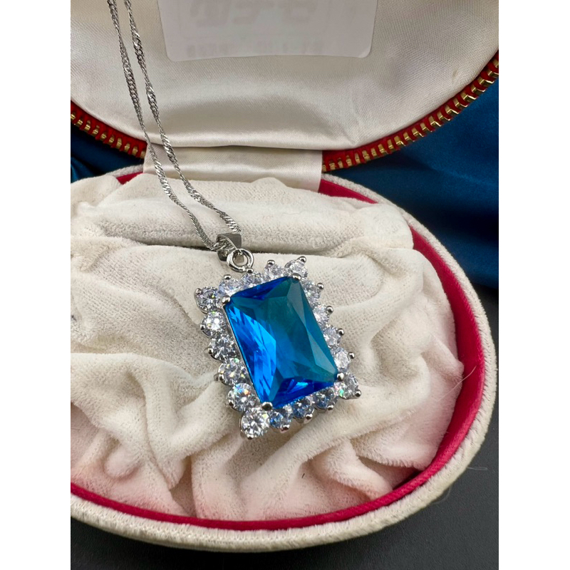 สร้อยคอเงินสีเงินพร้อมจี้พลอยสังเคราะห์💙ตอก18kgp