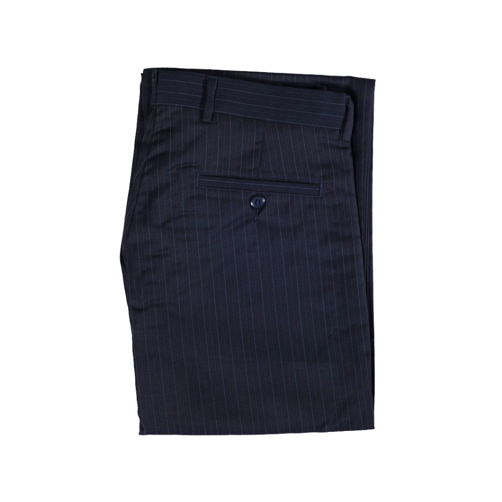 Hazard กางเกงขายาวลายทางไม่มีจีบ ผ้า Cotton (คอตตอน) สีกรมท่า