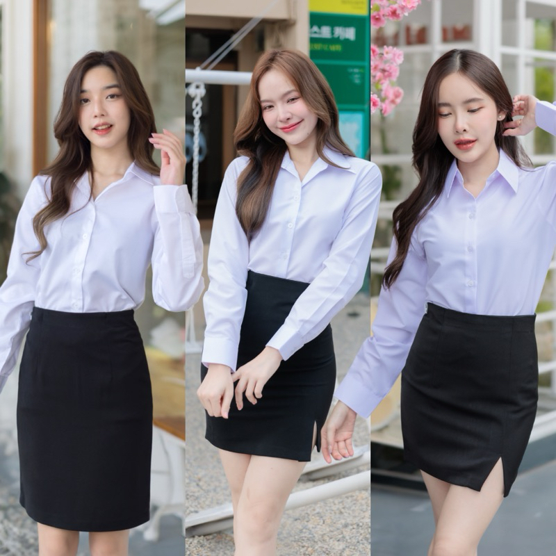 💞เสื้อนักศึกษาแขนยาวหญิง ทรงเข้ารูป หลังว่าง สีขาวสว่าง-สีขาวนวล-สีขาวโอโม่