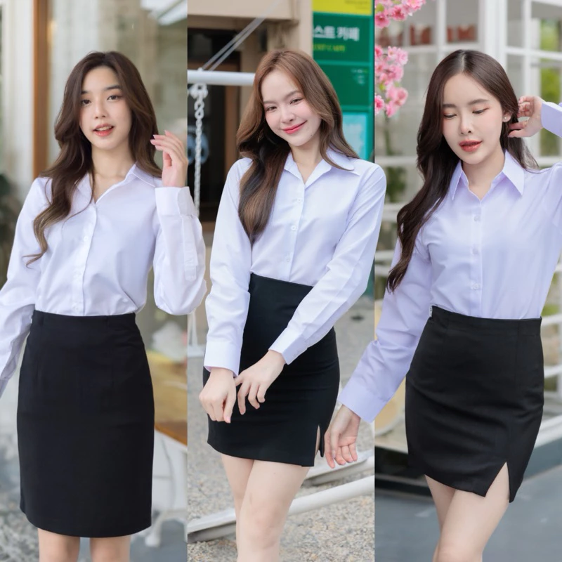 💞เสื้อนักศึกษาแขนยาวหญิง ทรงเข้ารูป หลังว่าง สีขาวสว่าง-สีขาวนวล-สีขาวโอโม่