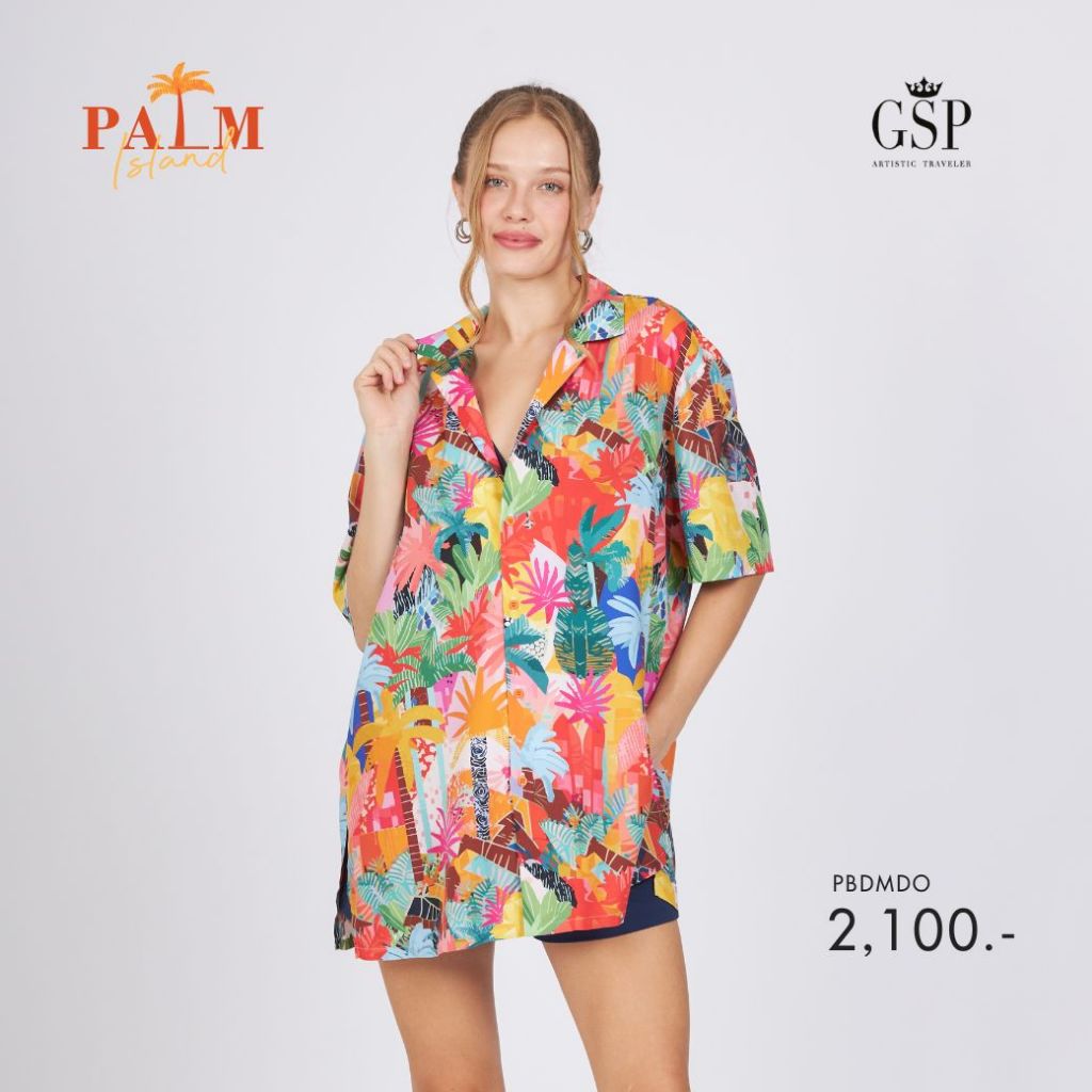 GSP เสื้อยาวผู้หญิงปกฮาวาย ปาล์ม ไอส์แลนด์ สีส้ม PBDMDO