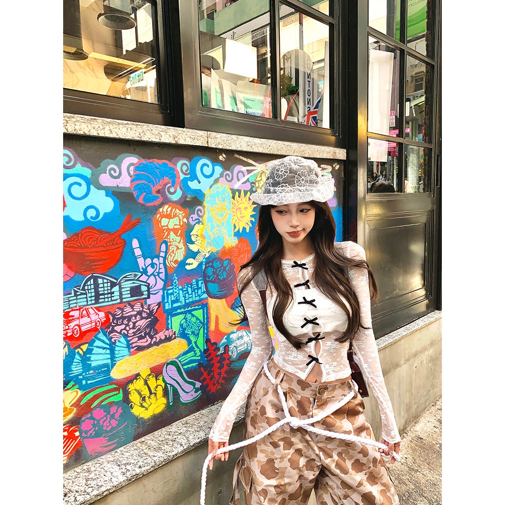 Cicishop(Y6239) Set 2 ชิ้น เกาะอก+เสื้อคลุมผ้าซีทรูแขนยาวลายลูกไม้ ดีเทลติดโบว์น่ารักใสๆ กระดุมใช้งานได้จริง - รูปที่ 2