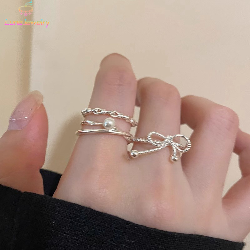 COD💖แหวน ประดับโบว์ ประดับไข่มุก สไตล์หวานเท่ เกาหลี แฟชั่น ละเอียดอ่อน สำหรับผู้หญิง3ชิ้น/เซต ปรับขนาดได้-Lune