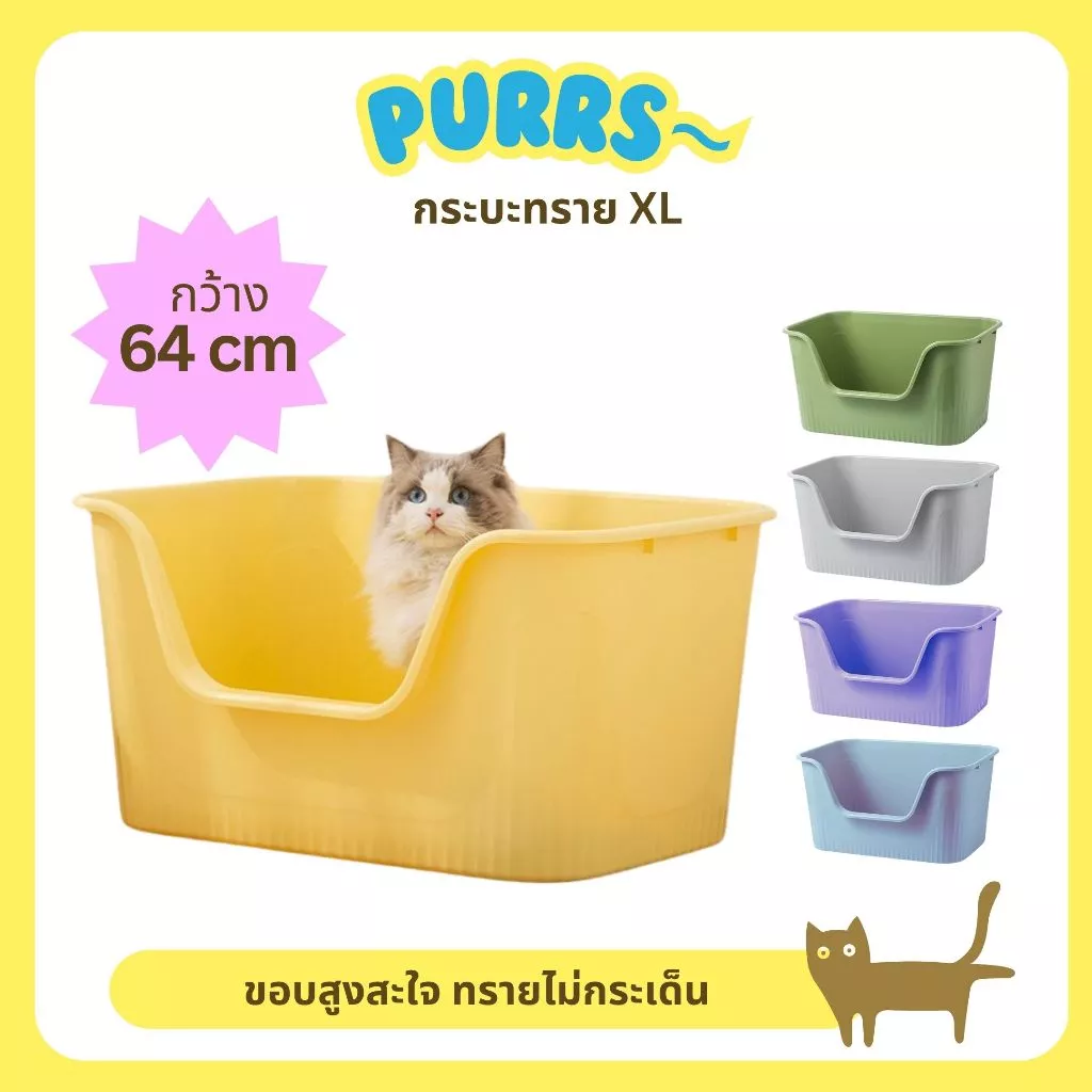 [ส่งฟรี] Purrs ใหญ่มาก! กระบะทรายแมว XL ขอบสูง ทรายไม่กระเด็น กว้างถึง 64 ซม.