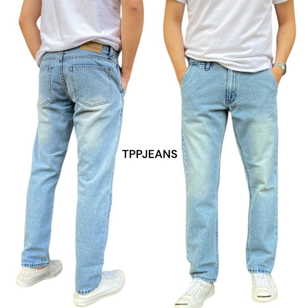 JEANSEXPRESS Slim-Fit Denim กางเกงยีนส์ทรงกระบอกเล็กชาย สีบลูฟอกซีด กระเป๋าเฉียง ฟอกนิ่ม ใส่สบาย เป้าซิป Size28-36
