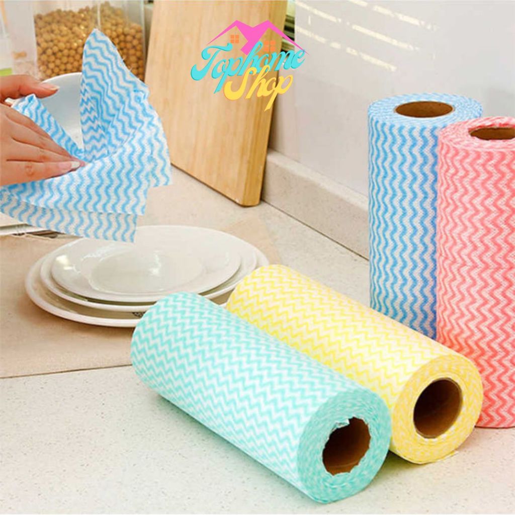 Topshome ผ้าเช็ดทําความสะอาด ผ้าขนหนู ลายทาง แบบใช้แล้วทิ้ง สําหรับห้องครัว 1 ม้วน KN-E019