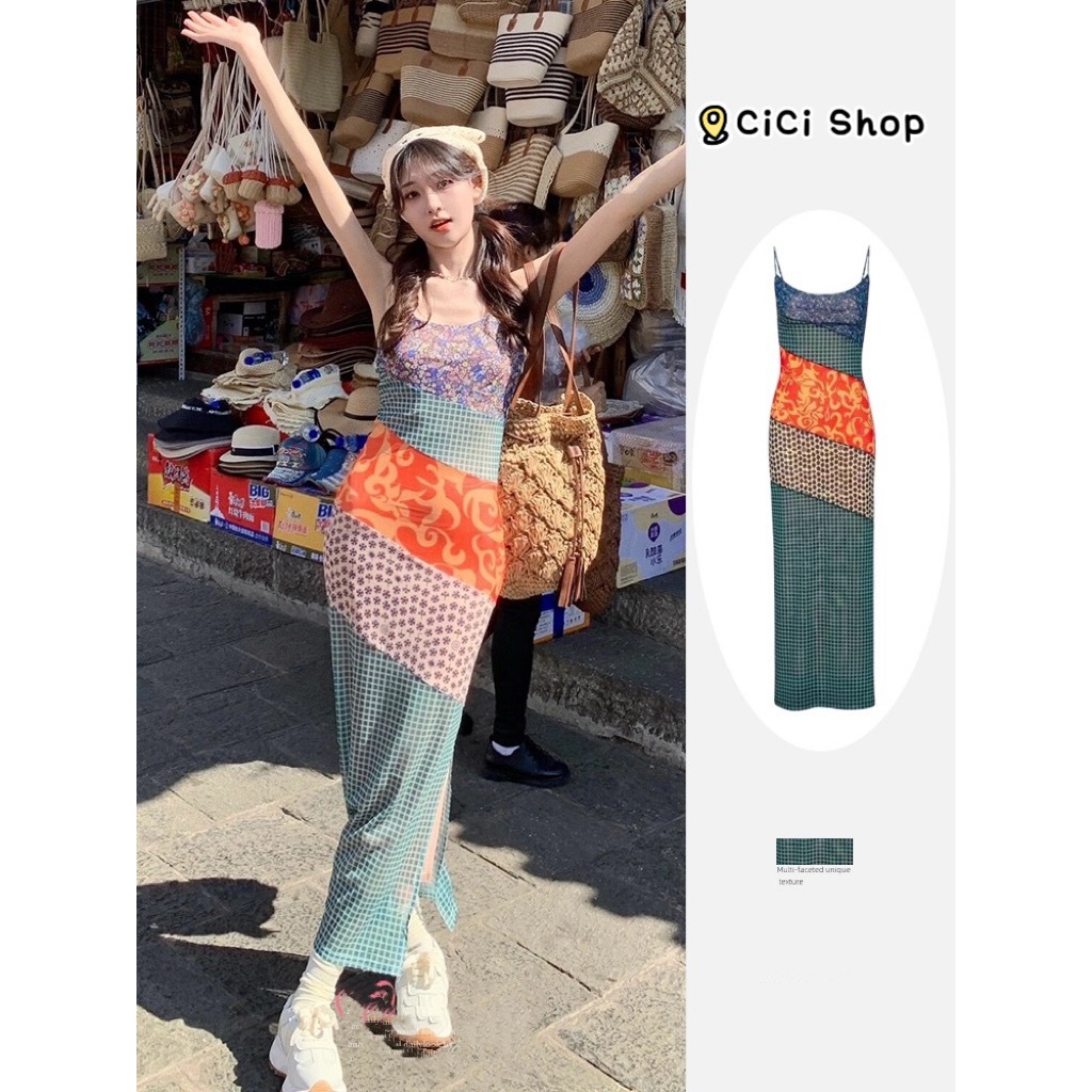Cicishop(J1761) เดรสสายเดี่ยวพิมพ์ลาย ผ้าซีทรูยืดได้เยอะ มีซับในผ่าข้าง สายปรับได้สไตล์สาวโบฮีเมี่ยน