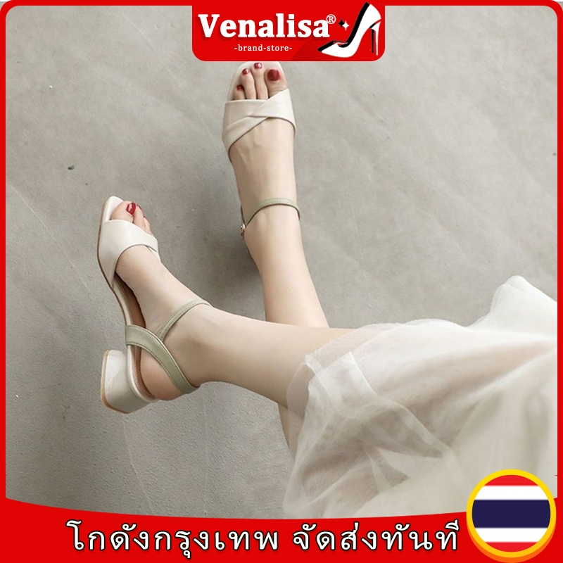 🧡พร้อมส่ง🧡หนังแท้ รองเท้าส้นสูงผู้หญิง เปิดนิ้วเท้า 1.5 นิ้ว ส้นหนา เกาหลีใต้ สบายๆและสบายๆ ย้อนยุค