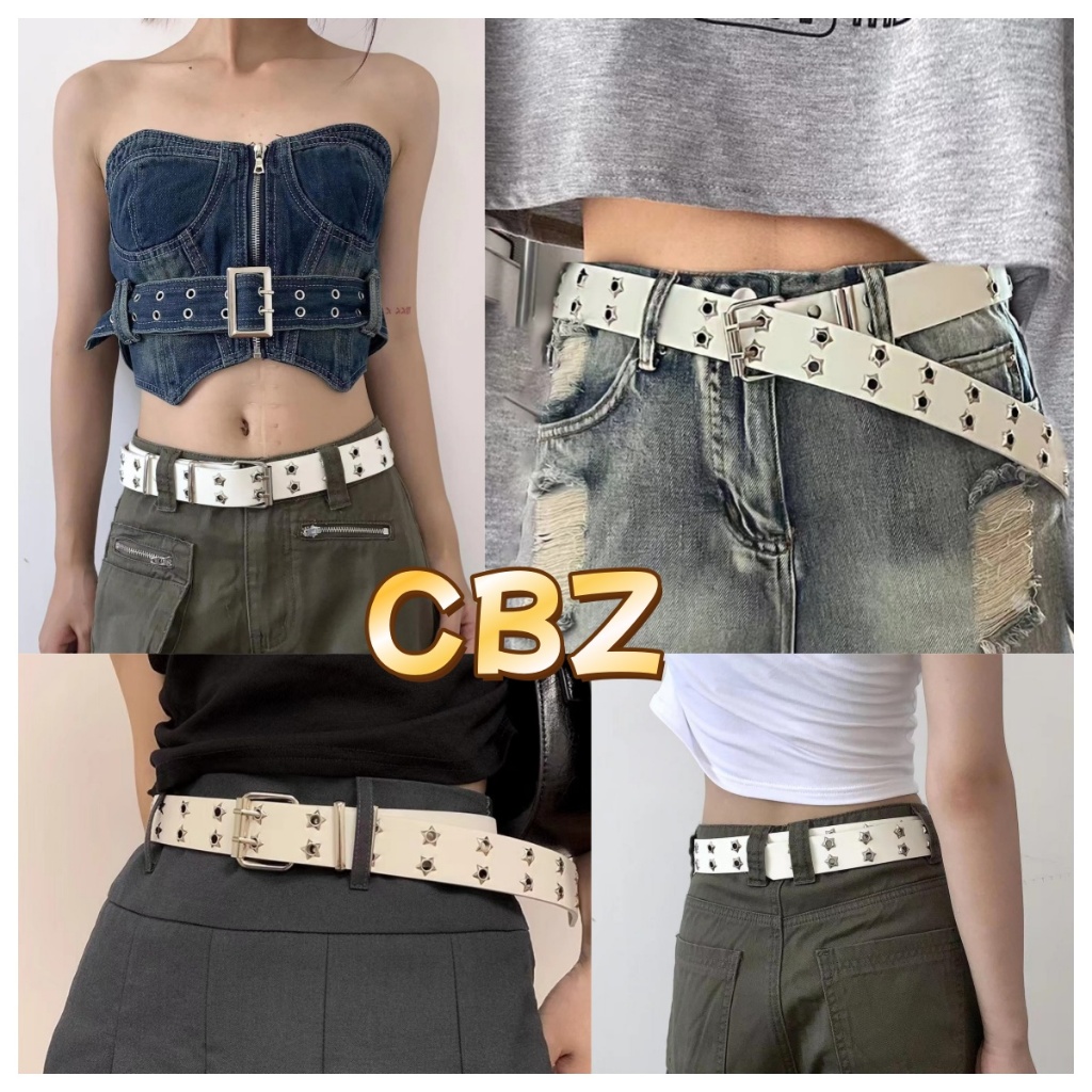Y2kเข็มขัดแบบรูสองแถว รูปดาว สไตล์พังก์ เหมาะสำหรับผู้หญิง แฟชั่นเกาหลี punk style belt