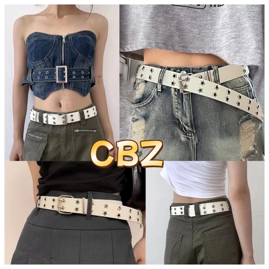 Y2kเข็มขัดแบบรูสองแถว รูปดาว สไตล์พังก์ เหมาะสำหรับผู้หญิง แฟชั่นเกาหลี punk style belt