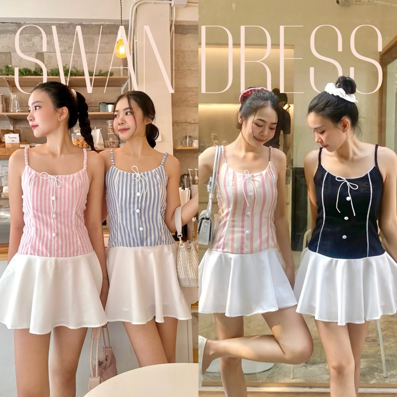 𝐒𝐖𝐀𝐍 𝐃𝐑𝐄𝐒𝐒 🦢✨ ชุดมินิเดรสสายเดี่ยว กระโปรงพริ้วสั้น แต่งช่วงอกด้วยโบว์และกระดุม กระโปรงมีซับใน