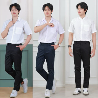 เสื้อนักศึกษาแขนสั้นชาย[คอปก/คอจีน]รอบอก”36-56”(ผ้าคอมทวิว/ผ้าไมโคร)สีขาวนวล/สีขาวสว่าง