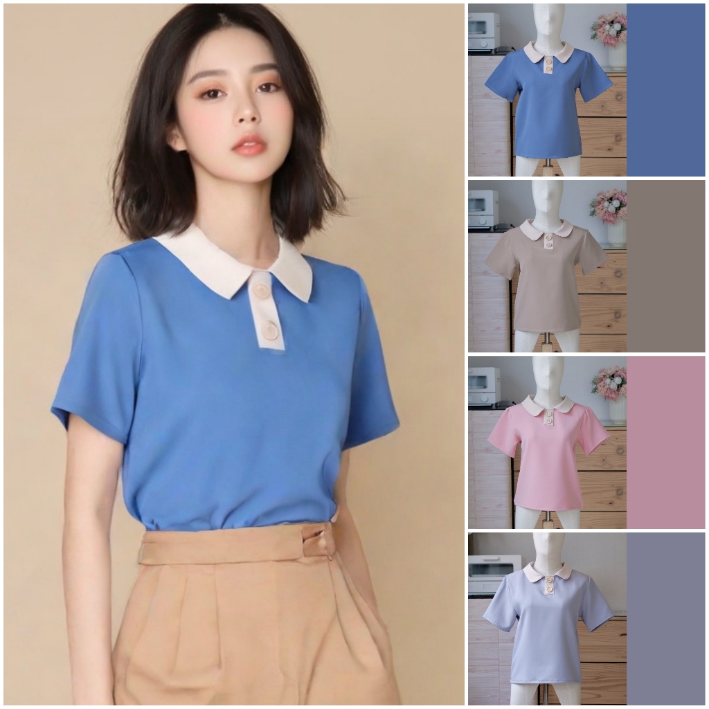 B18 เสื้อทํางานผู้หญิง แขนสั้น คอปกทูโทน  แต่งกระดุมไม้ สีธรรมชาติ โทนสีมินิมอล Easter Egg