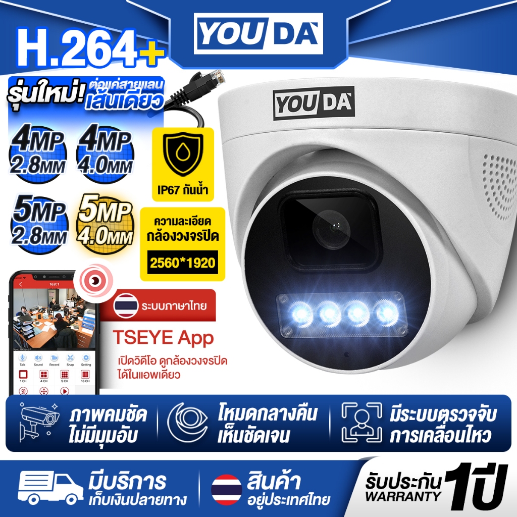YOUDA กล้องวงจรปิด 5ล้านพิกเซลแท้ รับประกัน 1ปี กล้อง IP รองรับ POE มีระบบตรวจจับการเคลื่อนไหว ระบบ 