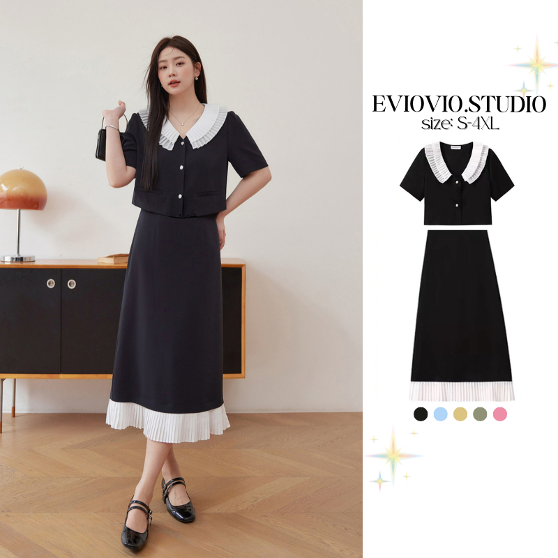 [S-4XL] ชุดเซ็ทสองชิ้นสไตล์ฝรั่งเศส เสื้อคอปกแขนสั้น + กระโปรงยาว เดรสไซส์ใหญ่ สำหรับสาวอวบ พรางหุ่น