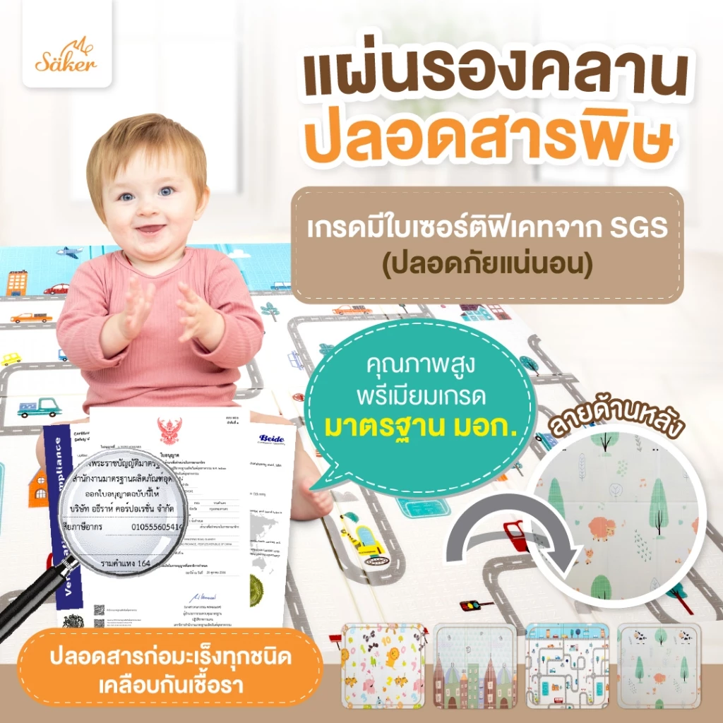 [มีใบเซอร์ปลอดสารพิษ,สารก่อมะเร็งจากSGS]แผ่นรองคลาน Saker แบบพับได้2ด้าน2ลาย คุณภาพสูง มาตรฐานยุโรป