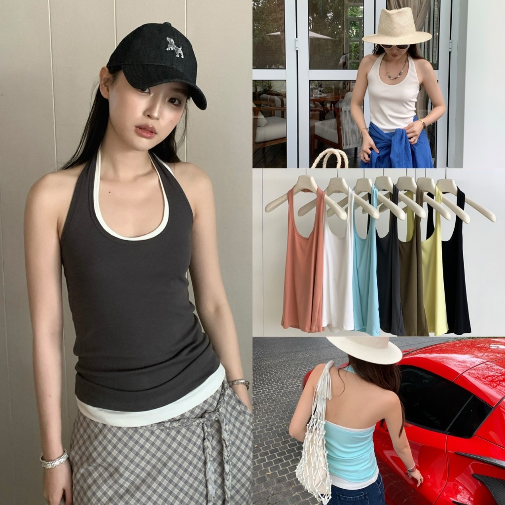 🧡🧵 🇰🇷 7081 เสื้อกล้ามคล้องคอ ผ้าร่องเล็ก ผ้ายืดหยุ่นได้ แฟชั่นเกาหลี TAG KOREA 🧵🧡