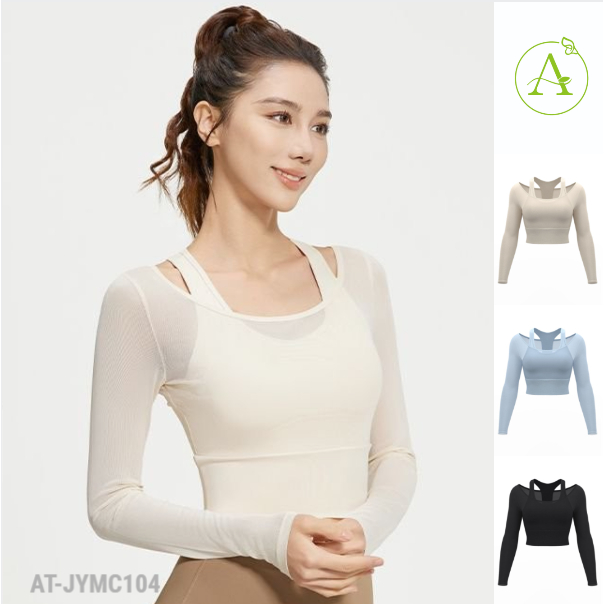 ArayaLady เสื้อออกกำลังกายผู้หญิง เสื้อครอปโยคะแขนยาวผ้าซีทรู สปอร์ตบราในตัว AT-JYMC104